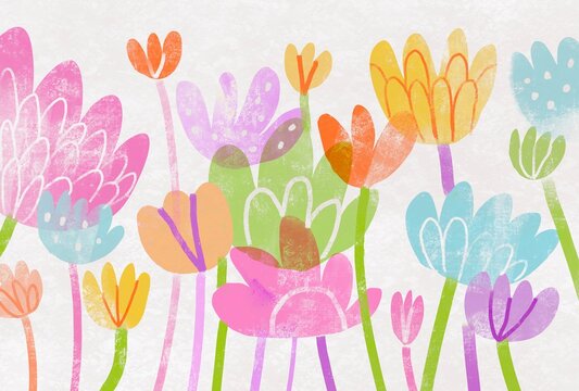 Pastel Spring Flowers on Green Stems in Childlike Naive Style