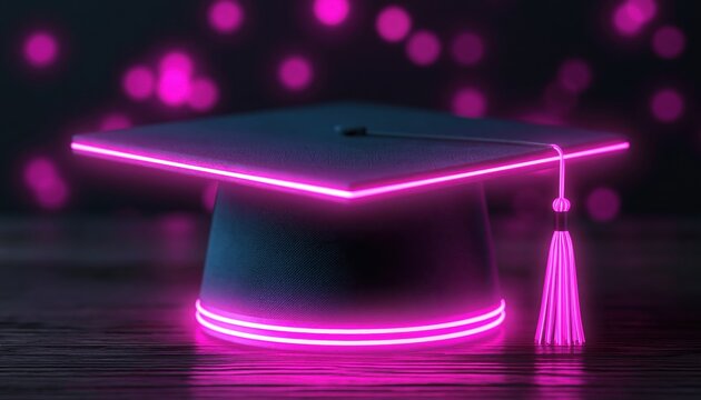 Stylish graduation cap illuminated with vibrant pink neon light contours, featuring matching tassel against dark, bokeh-filled background, perfect for academic celebration designs.