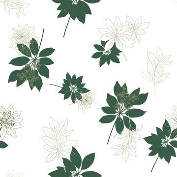 Seamless botanical pattern with green schefflera leaves and gold line art flowers.