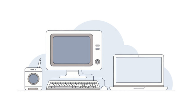 Vintage Computer Setup with Modern Laptop and Speaker.