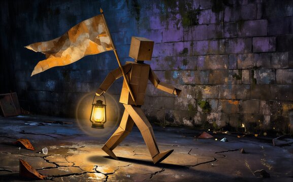 Boxman walks with flag and lantern illuminating dark alleyway under