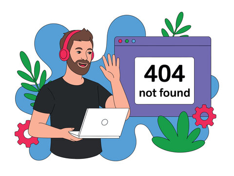 A cartoon man with a laptop and headphones standing next to a 404 error page on a purple browser window with colorful plants and gears in the background