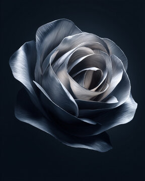 an abstract rose made of folded silver metal petals, sleek sculptural form