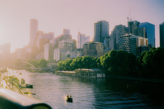 Motorboat on the river in Melbourne in summer. Shot on film 