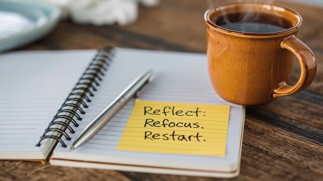 Mindfulness and personal growth reflect refocus restart concept coffee cup notebook and pen on wooden desk