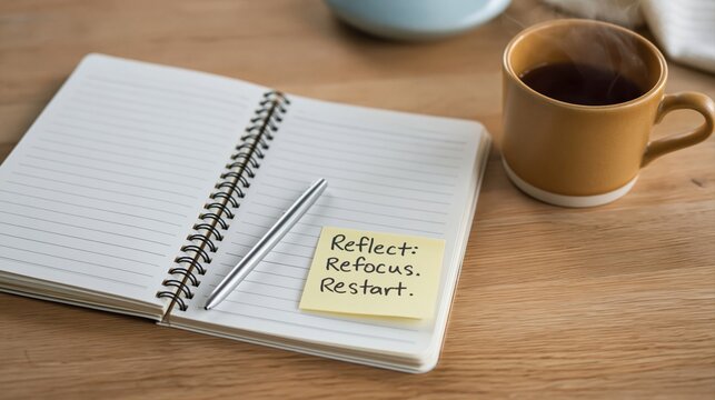 Mindfulness and self-care break reflect refocus restart notebook with coffee cup on wooden desk for mental health