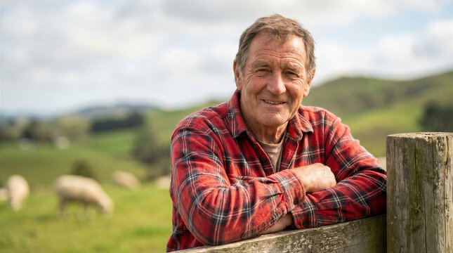 Portrait of a senior farmer leaning on a wooden fence in a lush green pasture with sheep grazing in the background on a sunny day