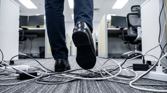 Closeup of a businessmans feet walking through a messy office floor with tangled electrical cables and power strips, posing a tripping hazard
