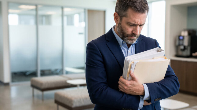 Stressed businessman holding a stack of files and documents in a modern office setting, looking down with a worried expression