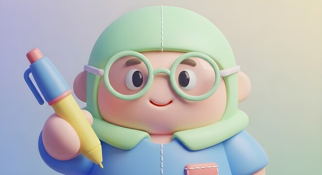 The character is wearing round glasses, a light green hood, and a blue shirt, while holding a large yellow and blue pen. The overall aesthetic is clean and playful, with a smooth, pastel-colored finis