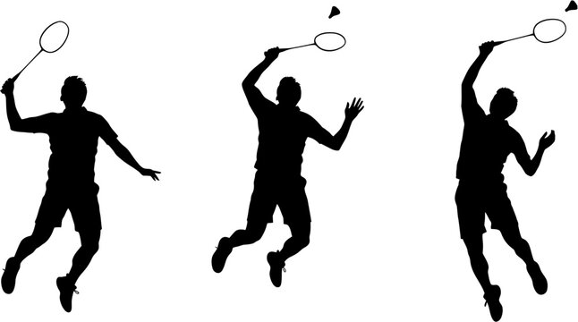 Silhouette illustrations of athletes in dynamic poses playing badminton with racquets and shuttlecocks