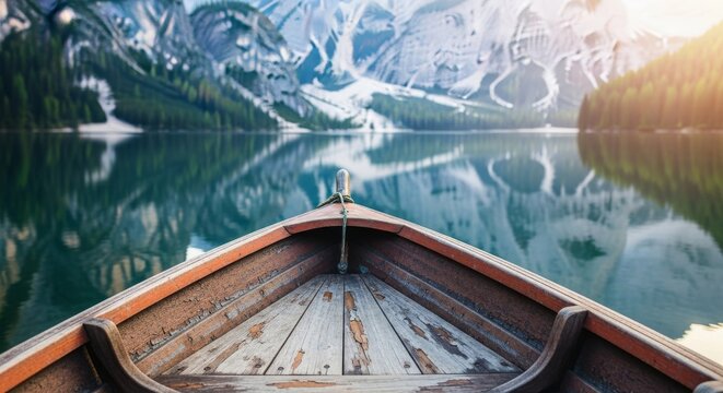 Sharp focus on the bow of a rustic wooden boat resting on a mirror-like lake, while the surrounding misty mountains softly fade into bokeh, wooden, mist, deck