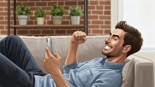 Excited Man Celebrates Success While Using His Smartphone