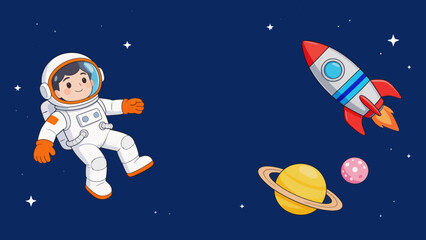 Cartoon astronaut in space with rocket and planets © Phoenix
