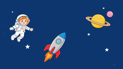 Cartoon astronaut in space with rocket © Phoenix