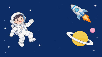 Cartoon astronaut in space with rocket and planet © Phoenix