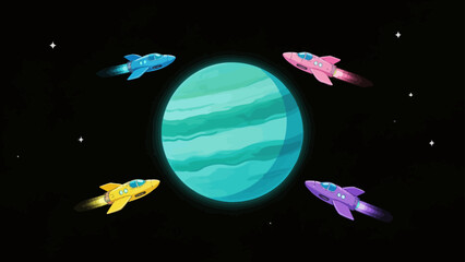 Colorful rockets orbiting planet © Phoenix
