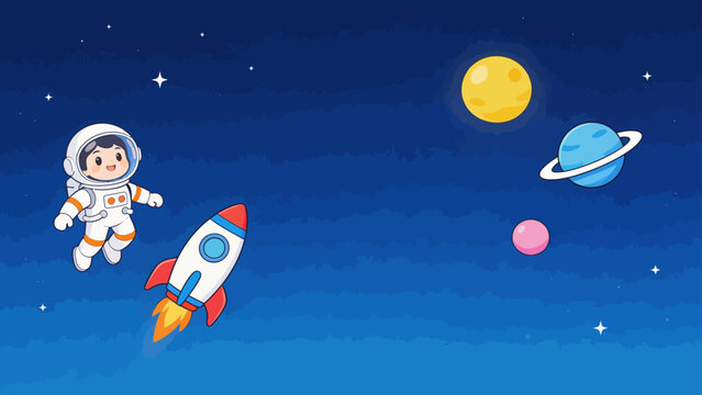 Cartoon astronaut in space with rocket