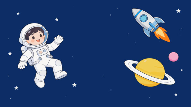 Cartoon astronaut in space with rocket and planet
