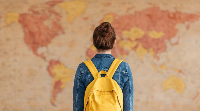 Global travel aspirations and wanderlust woman with backpack looking at world map planning international trip adventure