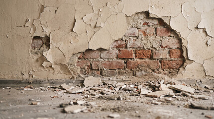 Fototapeta premium Damaged wall with crumbling plaster and exposed red brickwork in an old abandoned building