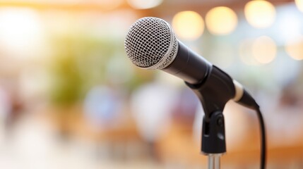 Fototapeta premium Close-Up of a Microphone Captured in a Soft-Focused Background, Perfect for Themes of Communication, Music, or Public Speaking