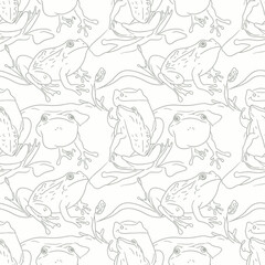 Fototapeta premium Seamless pattern of hand drawn frogs and aquatic plants.