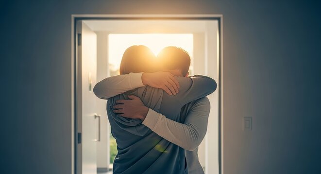 A tender morning embrace captures a heartfelt farewell. Tightly held fabric and soft sunlight glow through the open doorway of a home, strap, feeling, proximity