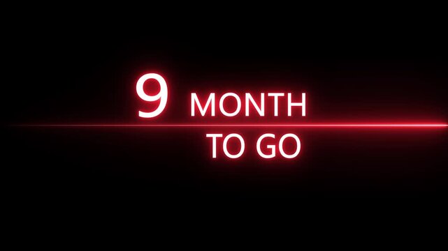 Neon 9 Month to go animation. Neon counting number animation 9 Month to go. on a black background. creating a stunning 4k video.
