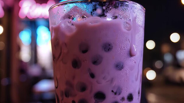 Delicious refreshing taro bubble tea drink with tapioca pearls in a glass.