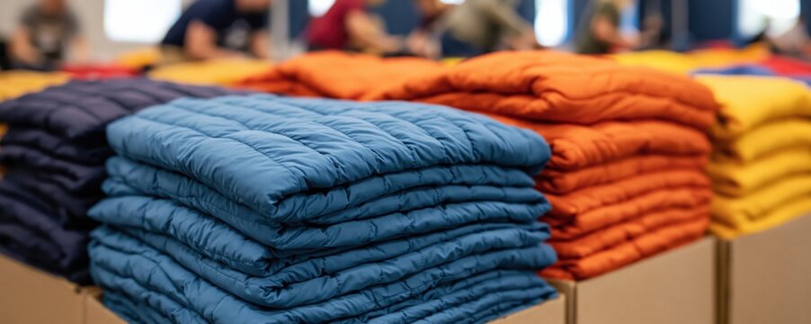 Consumerism and retail therapy colorful puffer jackets stacked on display for sale in clothing store seasonal fashion