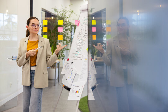 Businesswoman presenting ideas to colleagues in office