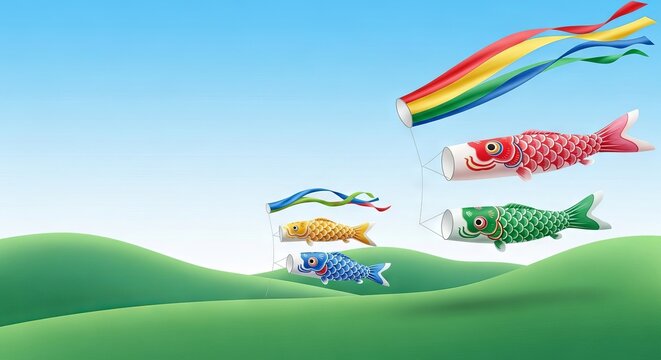 Vibrant carp streamers dance in the wind above lush green hills under a bright sky, capturing a peaceful seasonal tradition in the meadow, summer, scenic, art