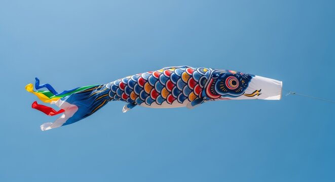 Vibrant carp streamers billow against a bright blue sky, their fabric bodies pulled taut by a strong breeze in a clear day outdoor setting, windsock, textile, breeze