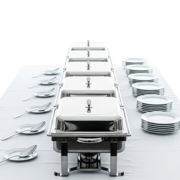 A clean and symmetrical row of stainless steel chafing dishes on a white tablecloth, featuring neatly arranged serving spoons and plates, napkins, bowls, polished