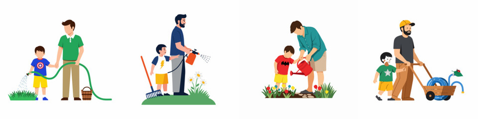 Obraz premium Set of flat illustrations of fathers and sons gardening together, watering plants, spraying flowers, and using garden tools outdoors on a white background.