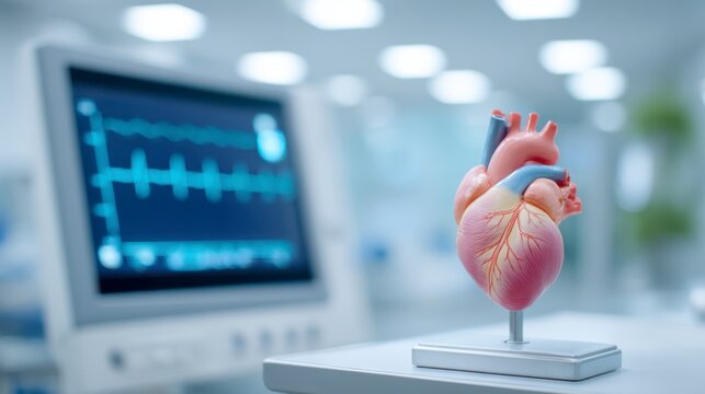 Detailed Anatomical Model of a Human Heart Displayed in a Medical Environment with Monitoring Equipment in the Background