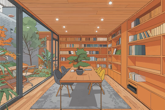 Modern study room with bookshelf and view of garden in daylight