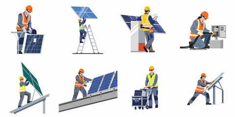 Fototapeta premium Professional Solar Panel Installers and Technicians Working on Renewable Energy Systems Illustration Set