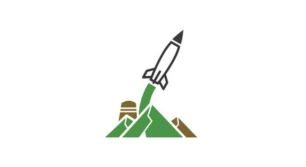 Fototapeta premium Rocket Launching from Mountainous Terrain with Structures.