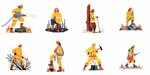 Fototapeta premium Set of wildland firefighters in yellow protective gear battling forest fires using hoses, axes, and communication tools in a flat vector style.