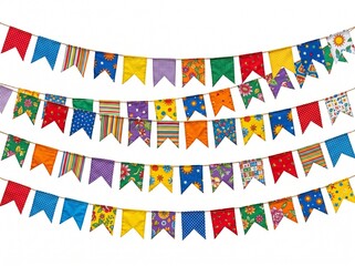 Obraz premium A colorful banner with many small flags hanging from strings on a white background