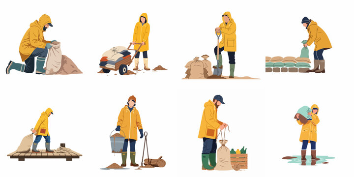 Set of people in yellow raincoats filling and stacking sandbags to prevent flooding during a natural disaster or emergency situation.