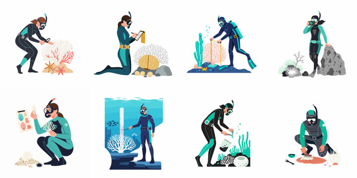 Flat vector illustration set of marine biologists and scuba divers conducting underwater research, studying coral reefs, and collecting samples for scientific analysis.
