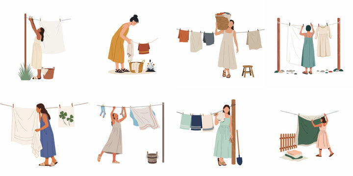 Set of flat illustrations depicting women doing laundry outdoors, hanging wet clothes, sheets, and towels on clotheslines to dry in the garden.