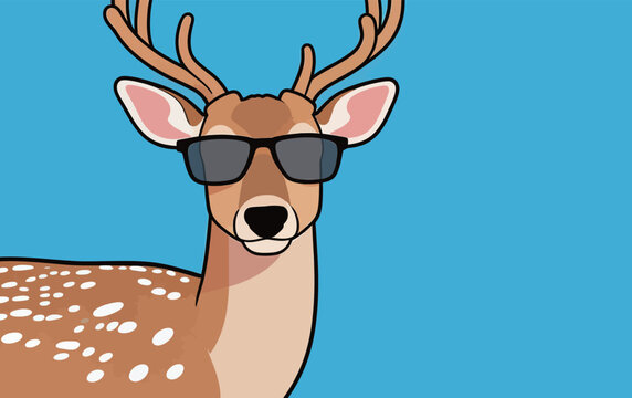 Cool deer wearing sunglasses stands against a bright blue background