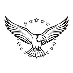 Fototapeta premium Black and white illustration of a soaring raptor with spread wings and a star ring