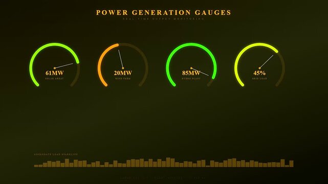 An intricate Energy Consumption Dashboard displays fluctuating power generation metrics through animated circular gauges and a dynamic bar chart against a sophisticated dark cinematic backdrop
