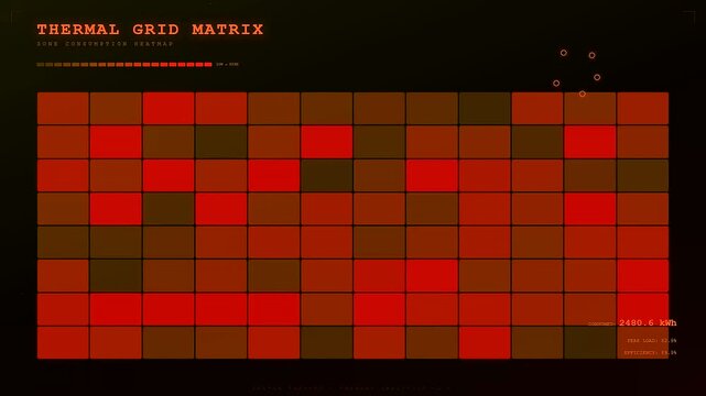 An intricate Energy Consumption Dashboard exhibiting fluctuating thermal heatmaps within a grid matrix to analyze industrial power efficiency via dynamic crimson data visualization sequences