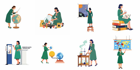 Fototapeta premium Set of flat vector illustrations depicting a female scientist or teacher presenting and researching topics related to climate change, geography, and earth science.